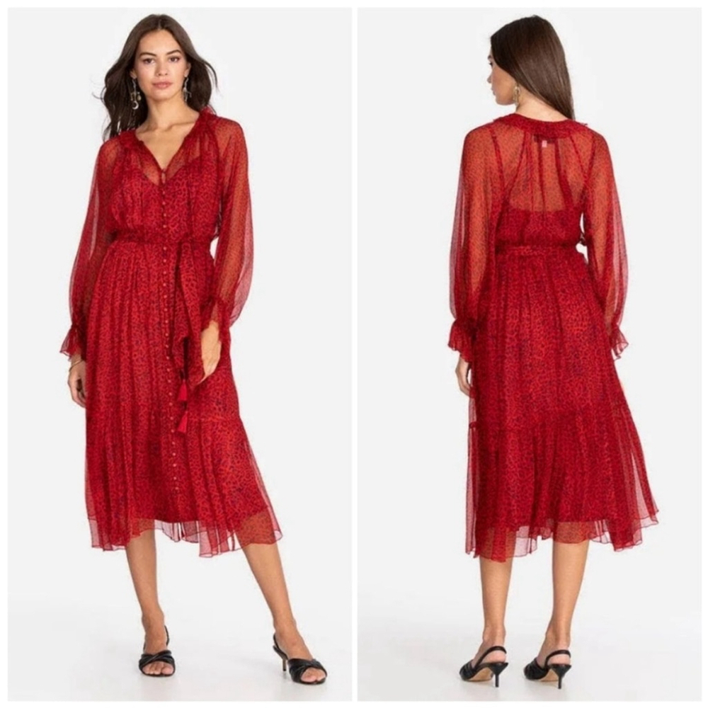 Johnny Was Aretha silk black & red leopard animal print midi dress small